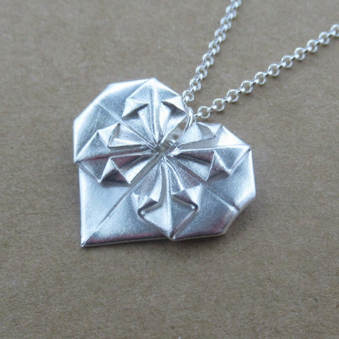 Origami Heart Pendant in Fine Silver - PartsbyNC Industrial Jewelry