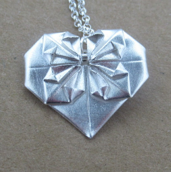 Origami Heart Pendant in Fine Silver - PartsbyNC Industrial Jewelry