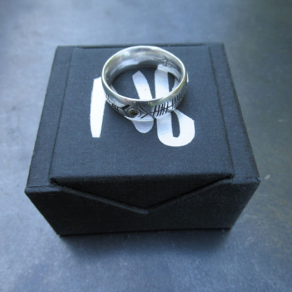 Custom Ogham Ring in Fine Silver and Diamonds - PartsbyNC Industrial Jewelry
