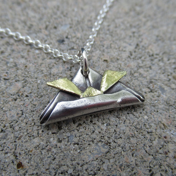 Origami Samurai Helmet Pendant in Fine Silver & 22k Gold - PartsbyNC Industrial Jewelry