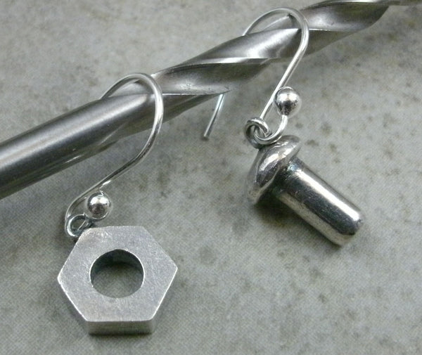 Nut & Bolt Earrings in Sterling Silver - PartsbyNC Industrial Jewelry