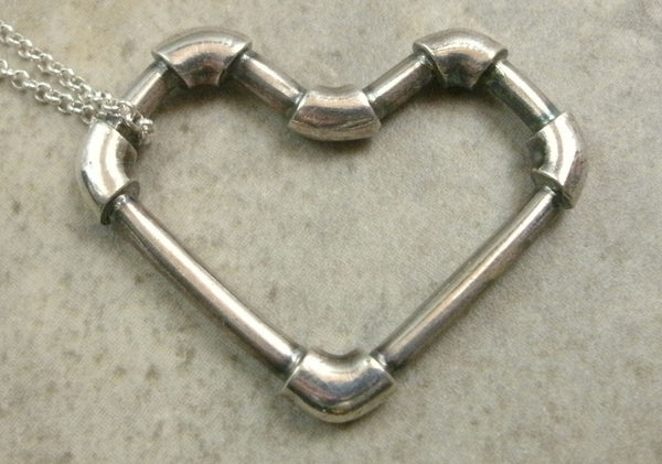 Lead Pipe Heart Necklace in Fine Silver - PartsbyNC Industrial Jewelry