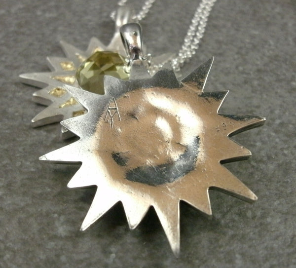 Sun Star Pendant in Fine Silver with 10mm Quartz Cabochon - PartsbyNC Industrial Jewelry