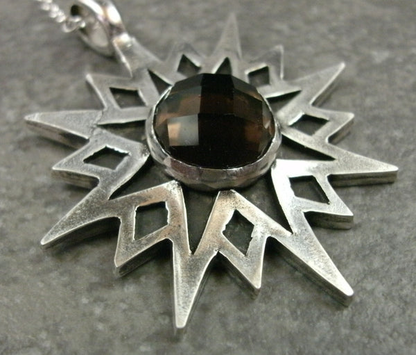 Sun Star Pendant in Fine Silver with 10mm Quartz Cabochon - PartsbyNC Industrial Jewelry