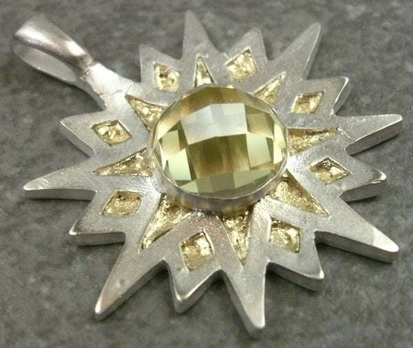 Sun Star Pendant in Fine Silver with 10mm Quartz Cabochon - PartsbyNC Industrial Jewelry