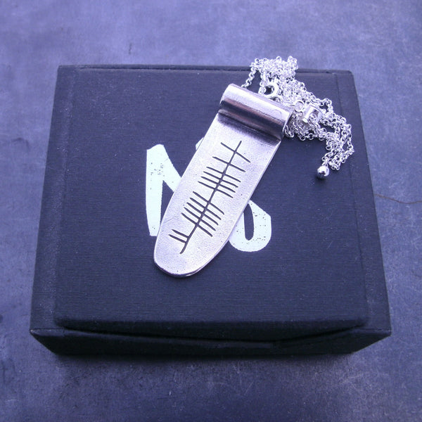 Personalized Ogham Name Scroll Pendant in Fine Silver - PartsbyNC Industrial Jewelry
