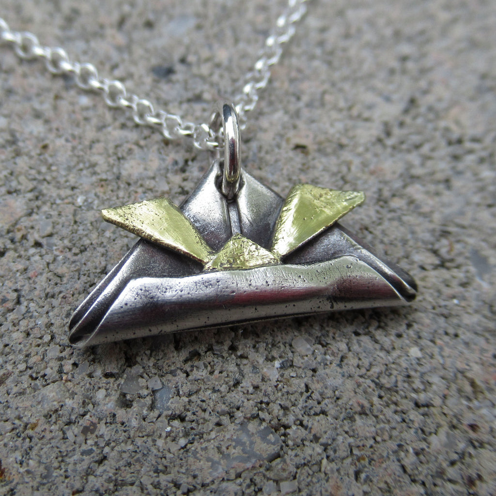 Origami Samurai Helmet Pendant in Fine Silver & 22k Gold - PartsbyNC Industrial Jewelry