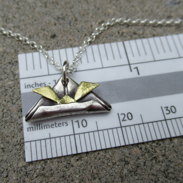 Origami Samurai Helmet Pendant in Fine Silver & 22k Gold - PartsbyNC Industrial Jewelry