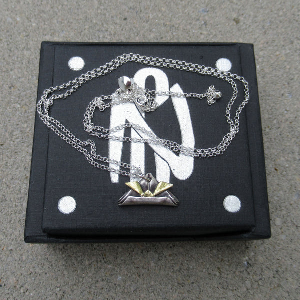 Origami Samurai Helmet Pendant in Fine Silver & 22k Gold - PartsbyNC Industrial Jewelry