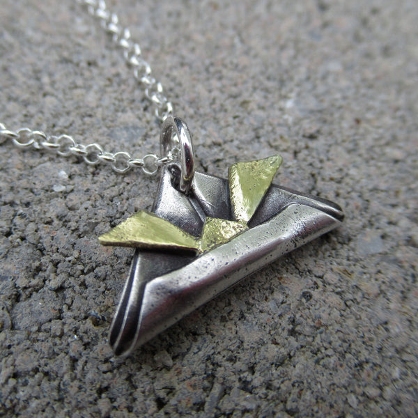 Origami Samurai Helmet Pendant in Fine Silver & 22k Gold - PartsbyNC Industrial Jewelry