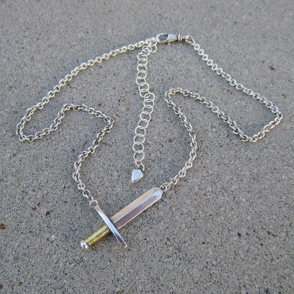 Sword Necklace in Fine Silver & 22k Gold - PartsbyNC Industrial Jewelry