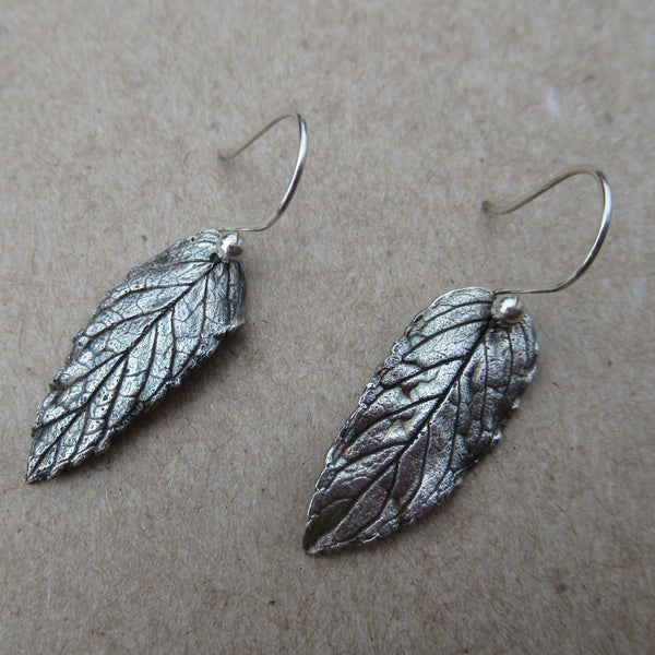 Real Mint Leaf Earrings in Fine Silver