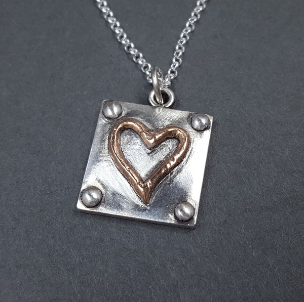 Industrial Heart Symbol Pendant in Fine Silver & 18k Rose Gold