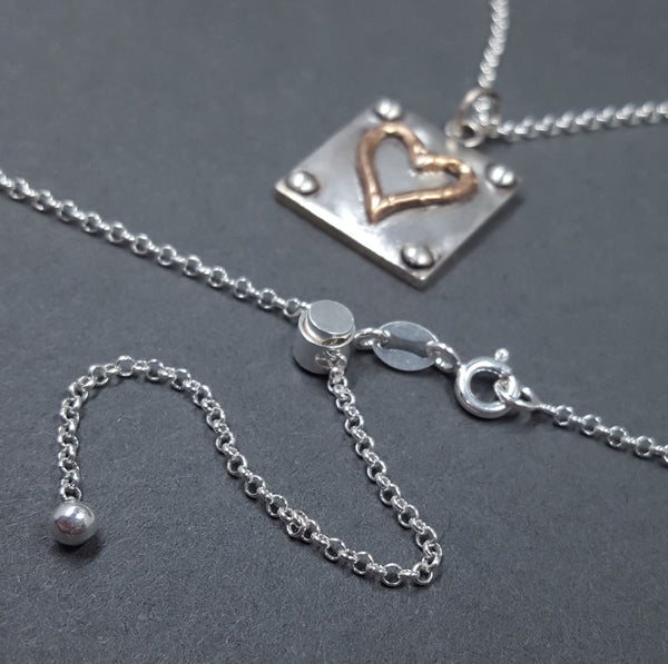 Industrial Heart Symbol Pendant in Fine Silver & 18k Rose Gold