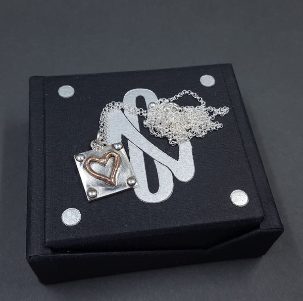 Industrial Heart Symbol Pendant in Fine Silver & 18k Rose Gold