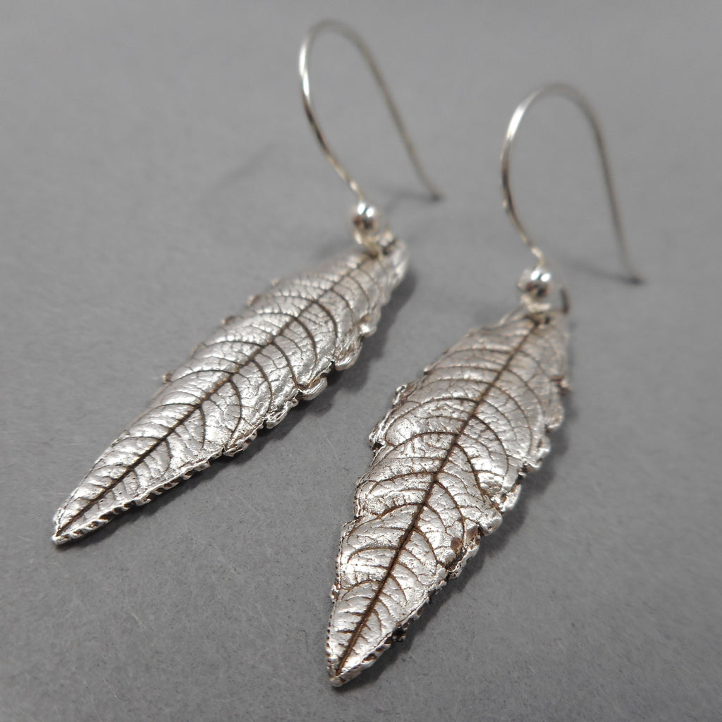 Lemon Verbena Leaf Earrings in Fine Silver