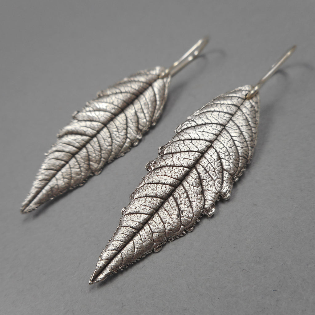 Lemon Verbena Leaf Earrings in Fine Silver