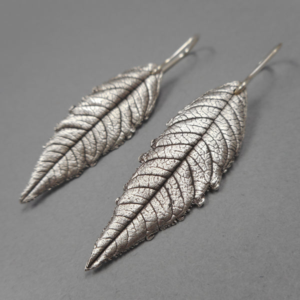 Lemon Verbena Leaf Earrings in Fine Silver