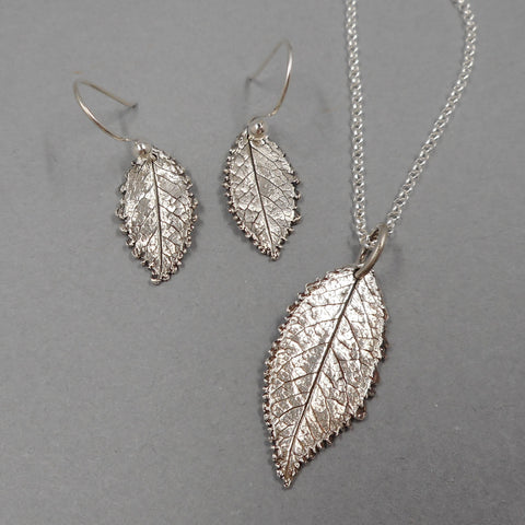 Rose Leaf Pendant & Earrings Set in Fine Silver