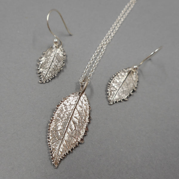 Rose Leaf Pendant & Earrings Set in Fine Silver