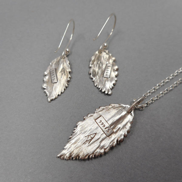 Rose Leaf Pendant & Earrings Set in Fine Silver