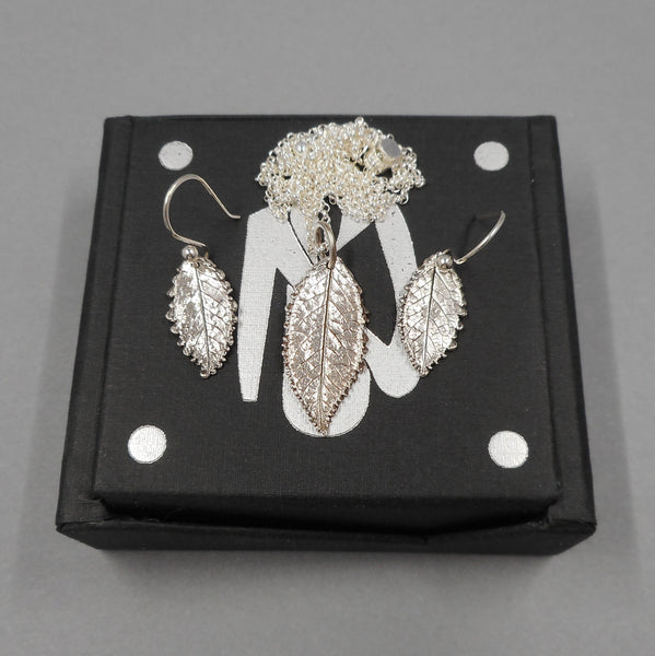 Rose Leaf Pendant & Earrings Set in Fine Silver