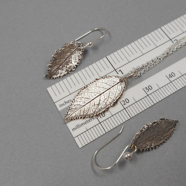 Rose Leaf Pendant & Earrings Set in Fine Silver