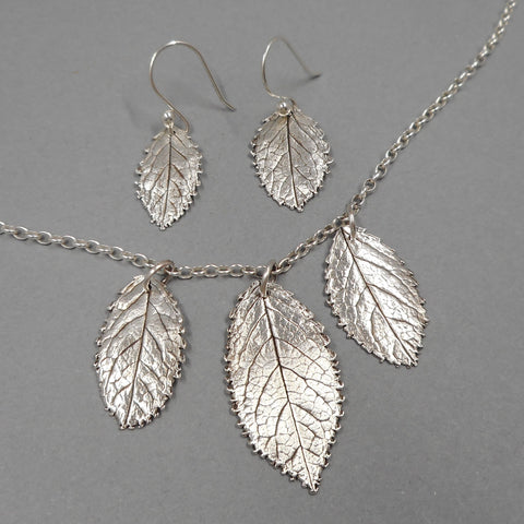 Rose Leaf Necklace & Earrings Set in Fine Silver