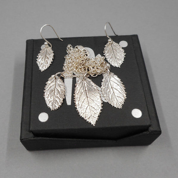 Rose Leaf Necklace & Earrings Set in Fine Silver