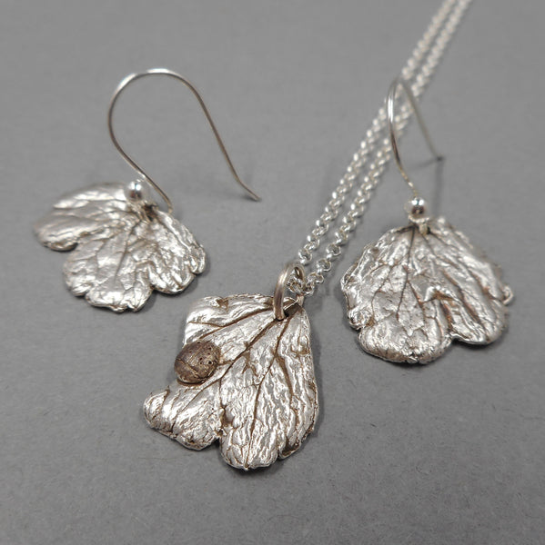 Columbine Pendant with Ladybug & Earrings Set in Fine Silver 66