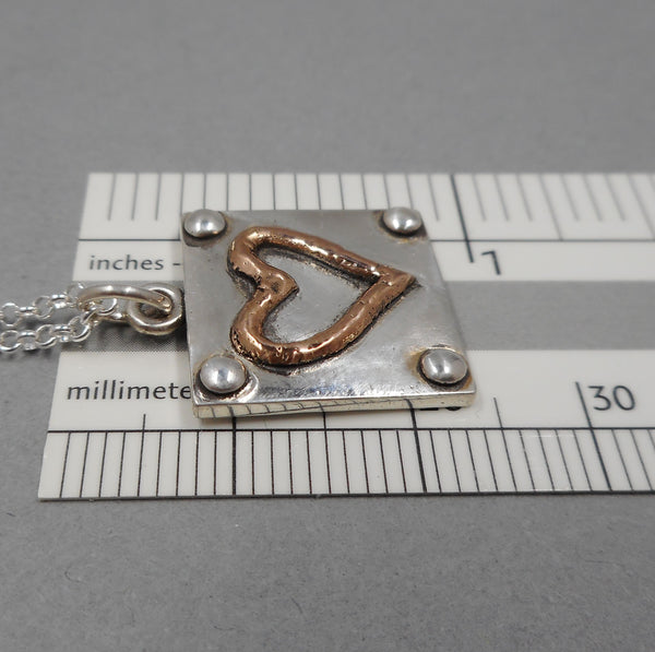 Industrial Heart Symbol Pendant in Fine Silver & 18k Rose Gold
