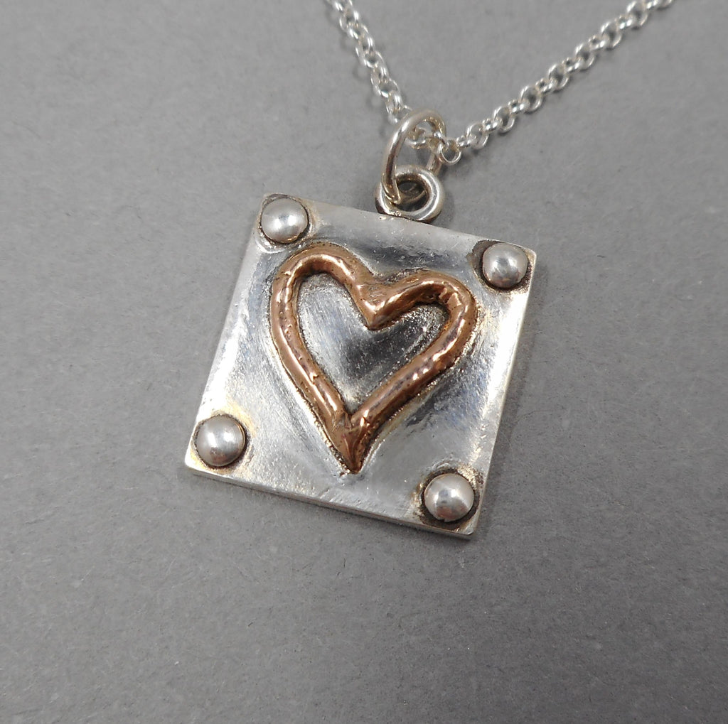 Industrial Heart Symbol Pendant in Fine Silver & 18k Rose Gold