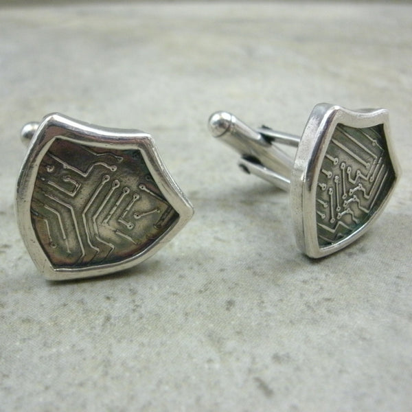 Cyber Shield Cufflinks in Sterling & Fine Silver from PartsbyNC