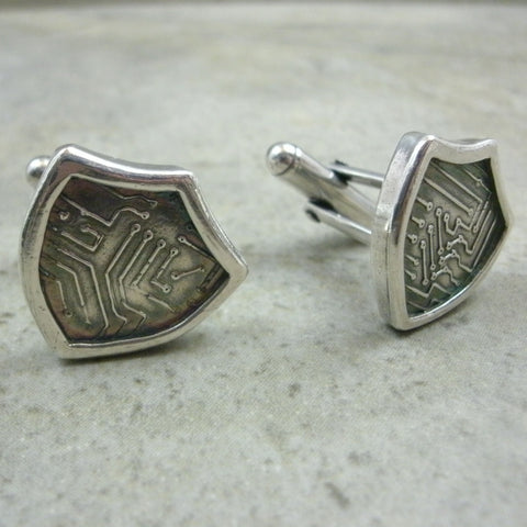 Cyber Shield Cufflinks in Sterling & Fine Silver from PartsbyNC