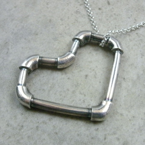 Lead Pipe Heart Necklace in Fine Silver - PartsbyNC Industrial Jewelry