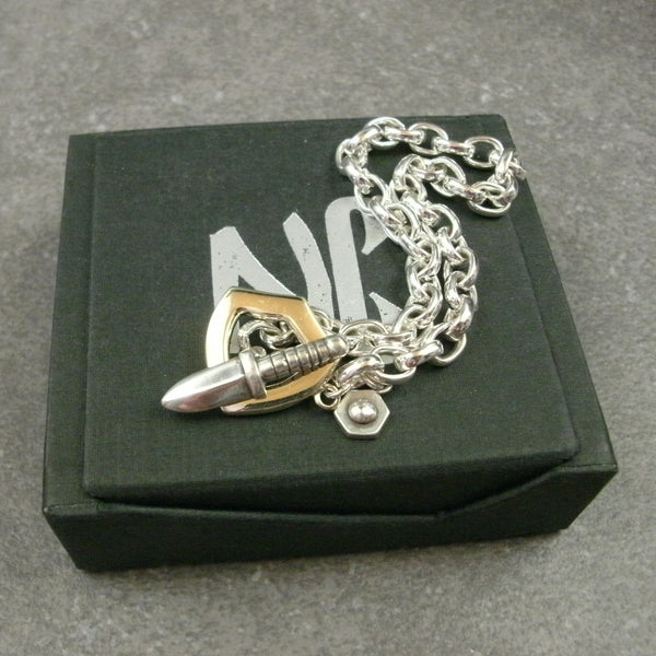 Sword and Shield Toggle Bracelet in Sterling Silver & 14k Green Gold - PartsbyNC Industrial Jewelry