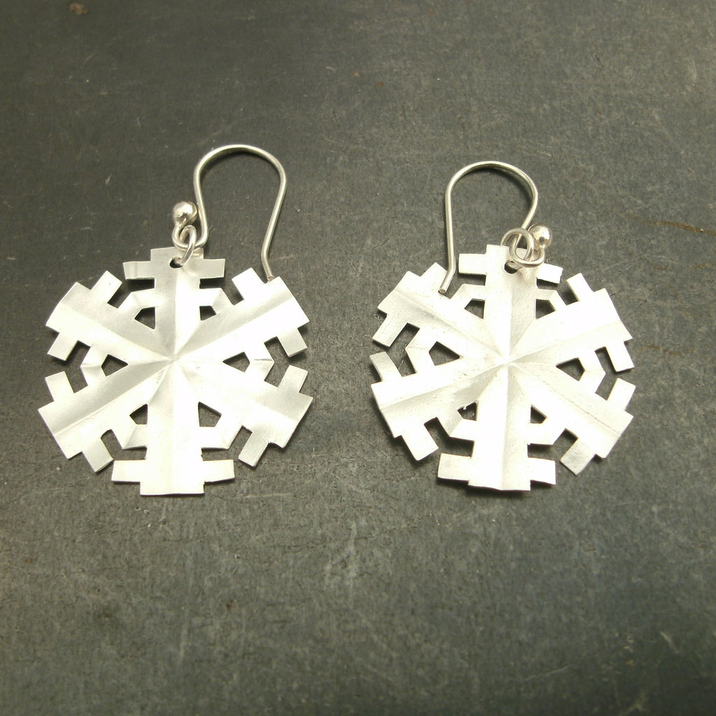 Paper Snowflake Earrings in Fine Silver - PartsbyNC Industrial Jewelry