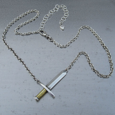 Sword Necklace in Fine Silver & 22k Gold - PartsbyNC Industrial Jewelry