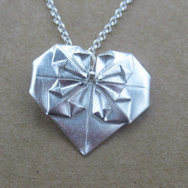 Origami Heart Pendant in Fine Silver - PartsbyNC Industrial Jewelry