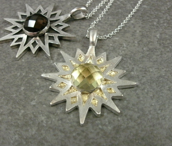 Sun Star Pendant in Fine Silver with 10mm Quartz Cabochon - PartsbyNC Industrial Jewelry