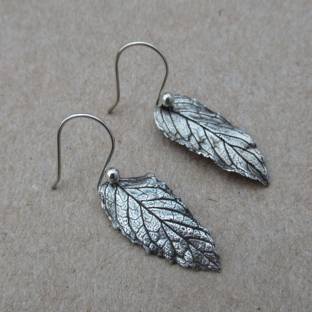 Real Mint Leaf Earrings in Fine Silver