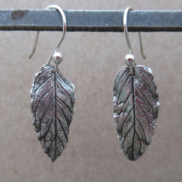Real Mint Leaf Earrings in Fine Silver