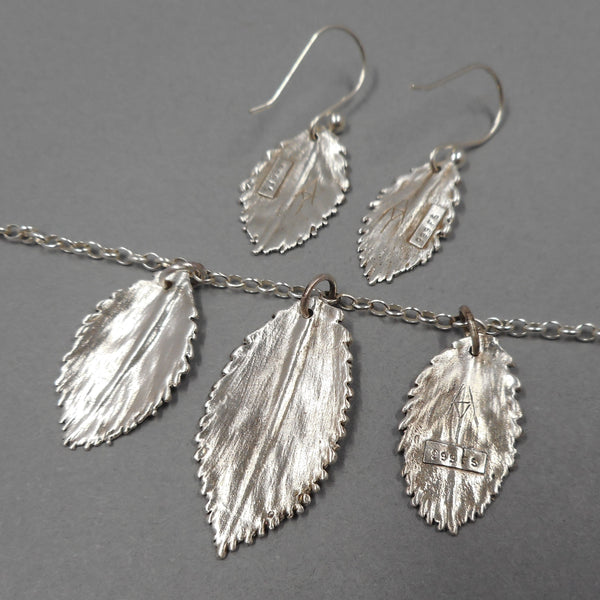 Rose Leaf Necklace & Earrings Set in Fine Silver