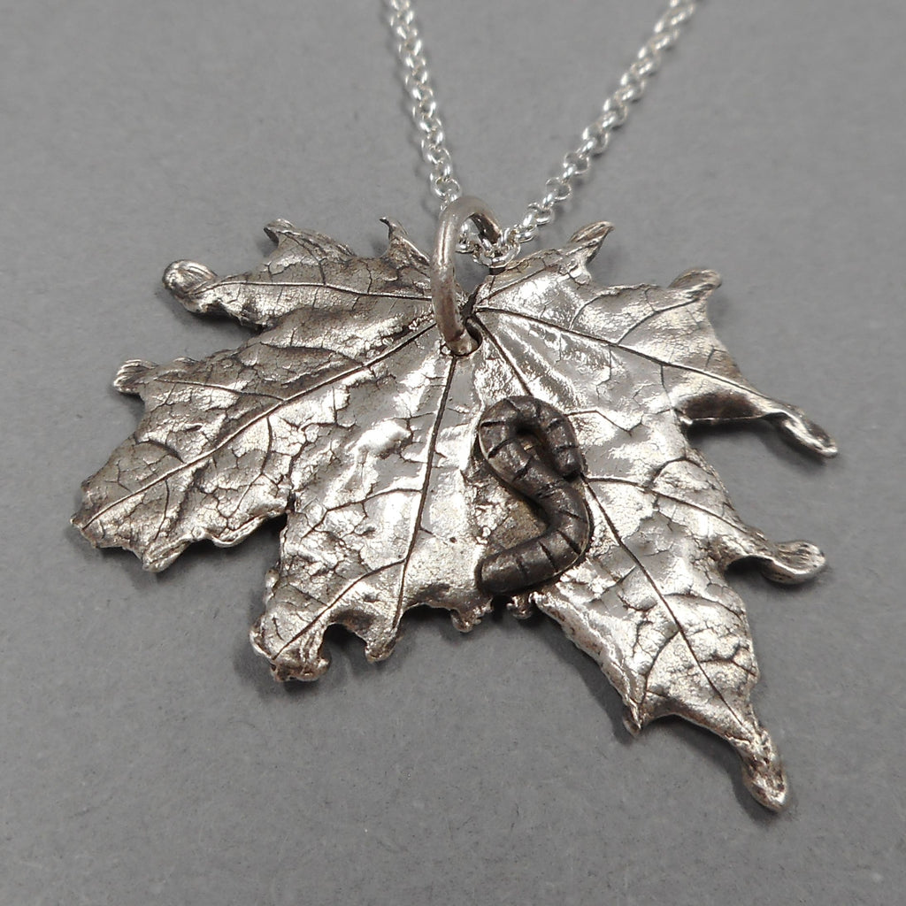 Leaf Pendant with Caterpillar in Fine Silver