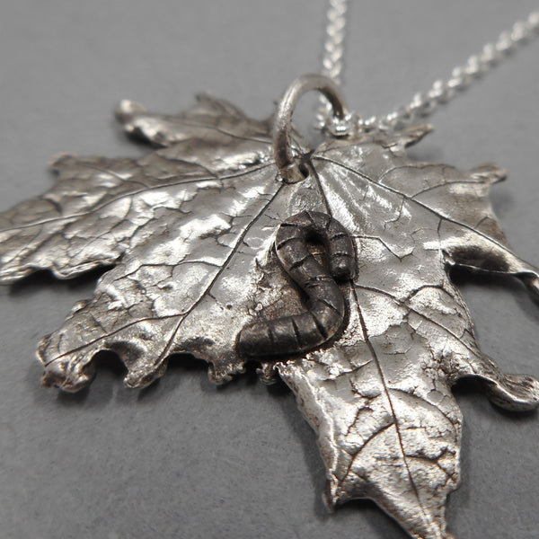 Leaf Pendant with Caterpillar in Fine Silver