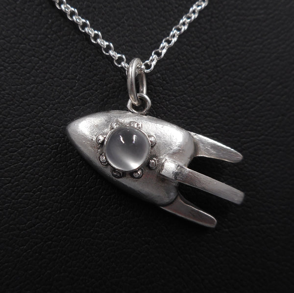Rocket Ship Pendant in Fine Silver from Forged Mettle Jewelry