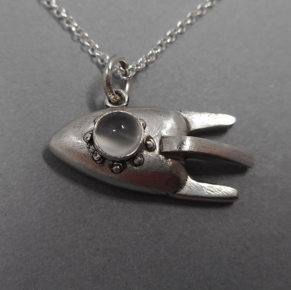 Rocket Ship Necklace with Moonstone from Forged Mettle Jewelry