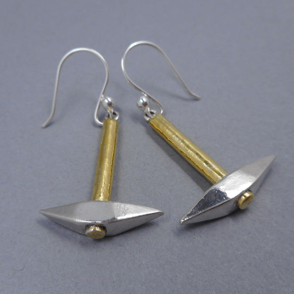 Pickaxe Earrings in Sterling Silver & 22k Gold from Forged Mettle Jewelry
