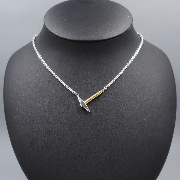 Pickaxe Necklace on Model from Forged Mettle Jewelry