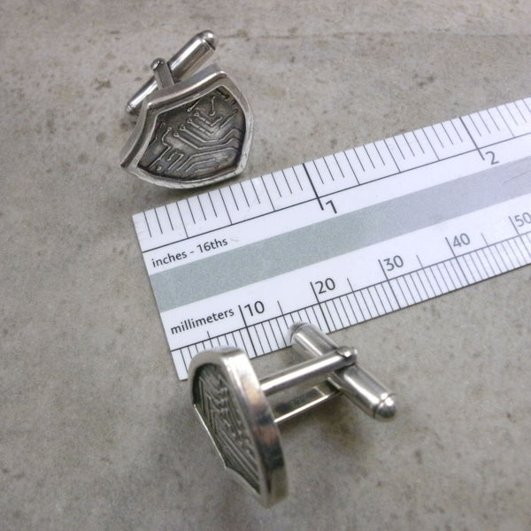 Size of Sterling SIlver Shield Shaped Circuit Board Cuff Links from PartsbyNC